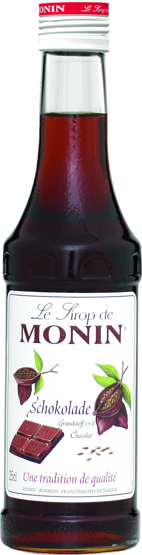 Monin Schokoladensirup-Flasche: Braune Flasche mit Etikett, Kakaobohnen-Abbildungen und Schokoladenblock.