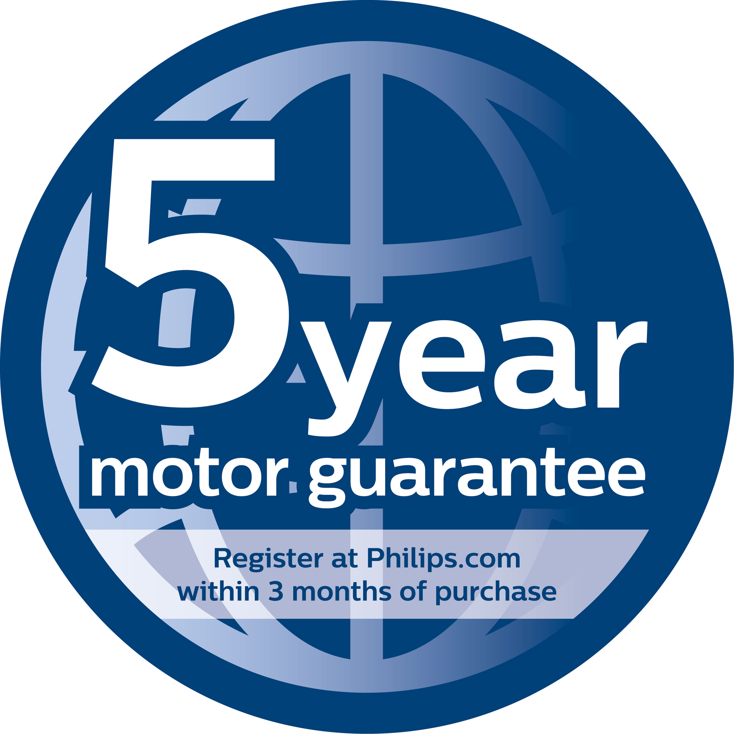 Een blauwe cirkel met de tekst: '5 jaar motorgarantie' en het Philips-logo.