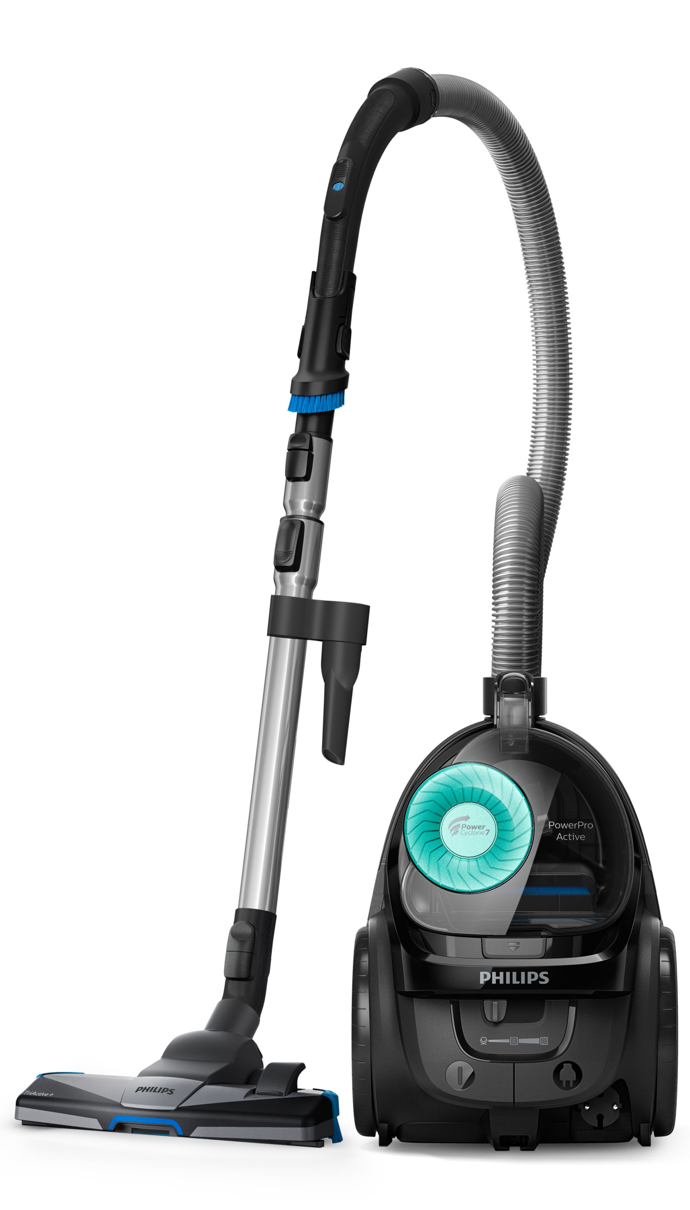 Een zwarte Philips stofzuiger. Hij heeft een handvat, slang en een doorzichtige stofbak. De achtergrond is wit.