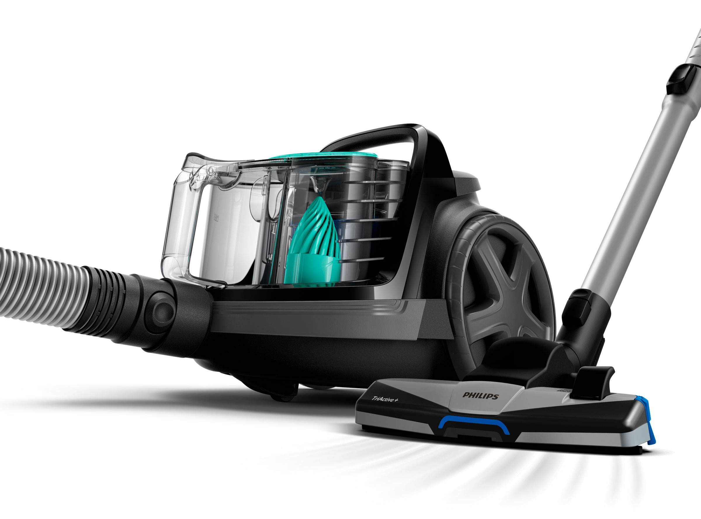 Een grijze en zwarte Philips stofzuiger met accessoires en een doorzichtige stofcontainer.