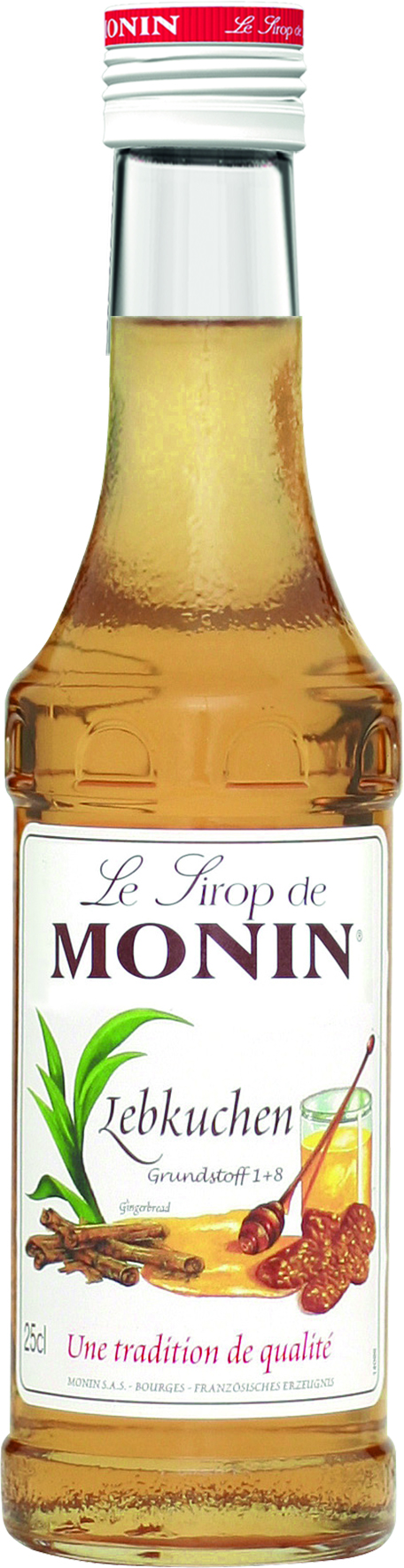 Monin Lebkuchen Sirup Flasche, mit Etikett mit Lebkuchen und Zimt.