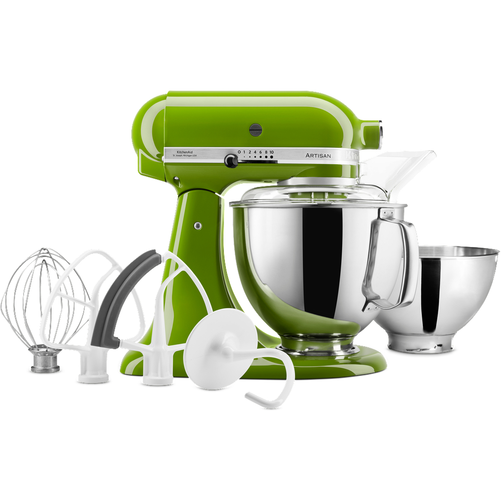 Ein grüner KitchenAid-Küchenmixer mit Aufsätzen, Schüssel und Zubehör, auf weißem Hintergrund.