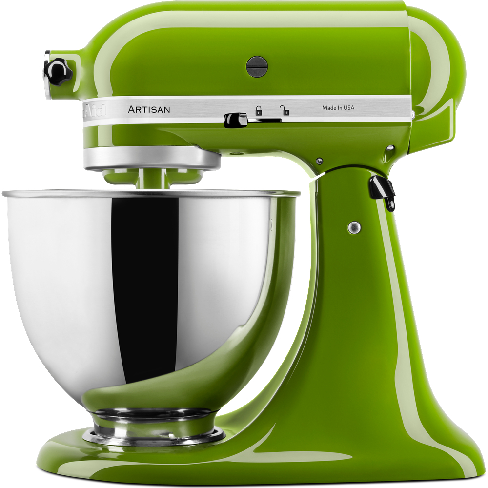 Grüner KitchenAid-Mixer. Glänzende Metallschüssel. Weißer Hintergrund.