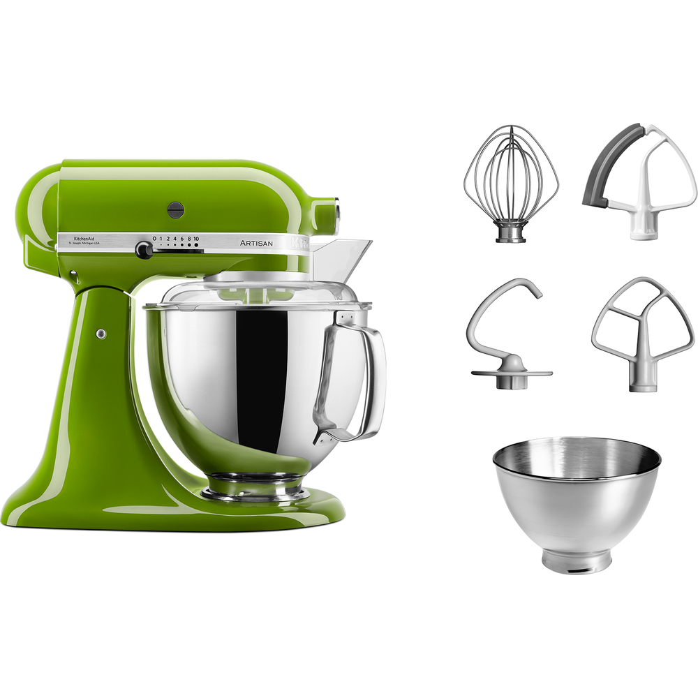 Grüner Küchenmixer mit Aufsätzen und separater Schüssel.