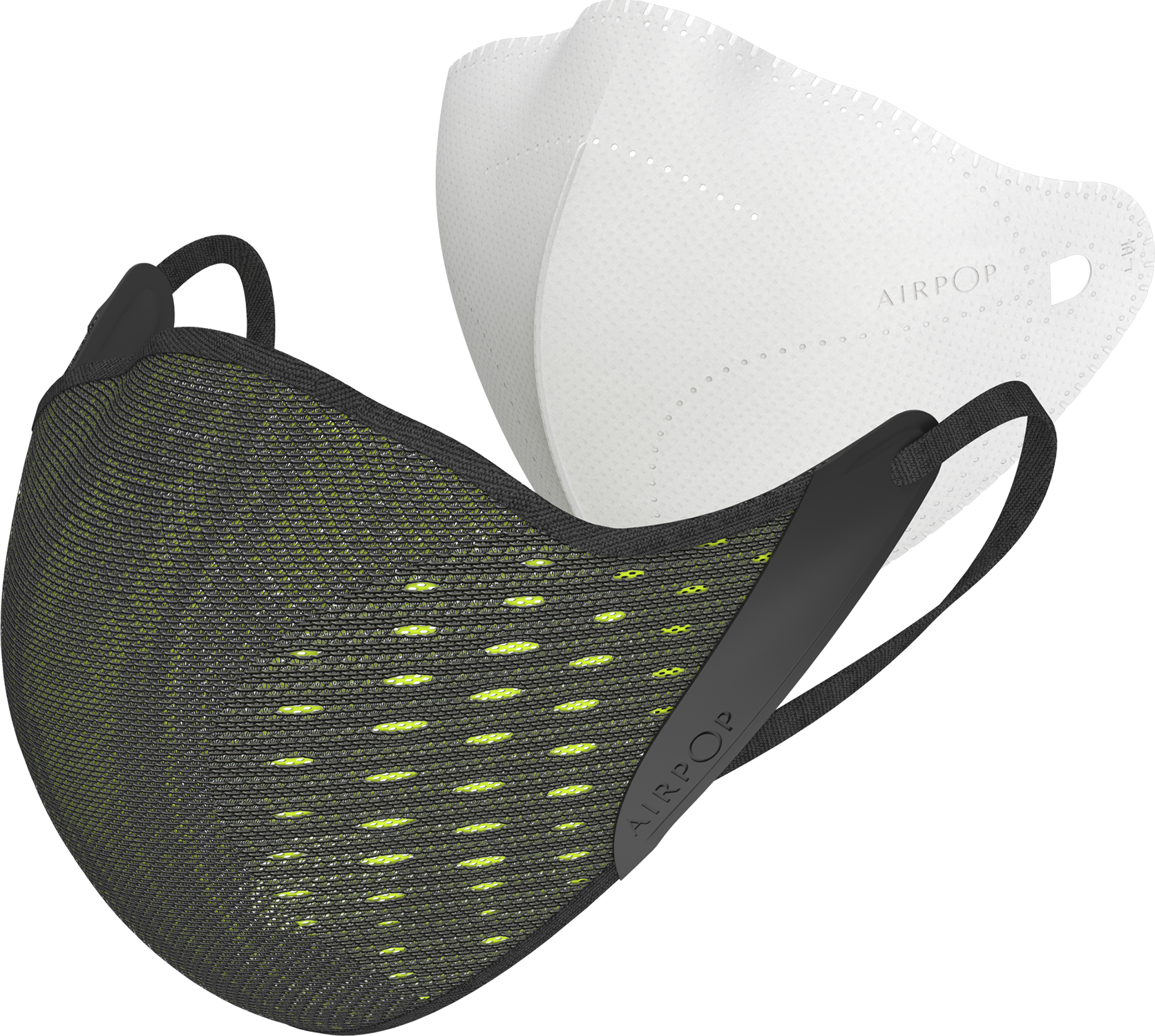 Two face masks, one black and one white, with the Airpop logo.