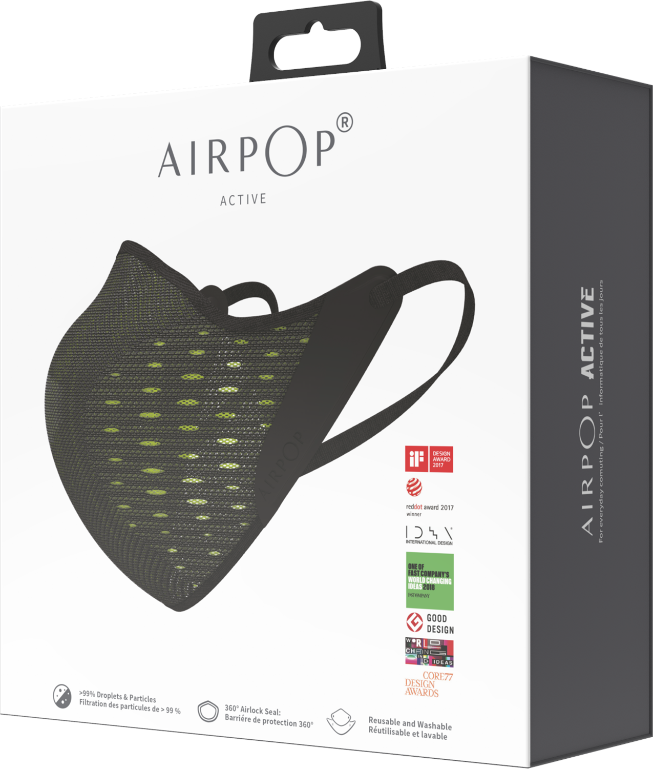 A white box with a black mask. Text says AIRPOP ACTIVE, for everyday commuting.
