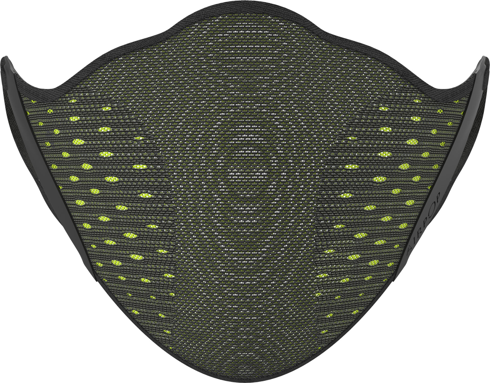 A black face mask with a green mesh and yellow dots.