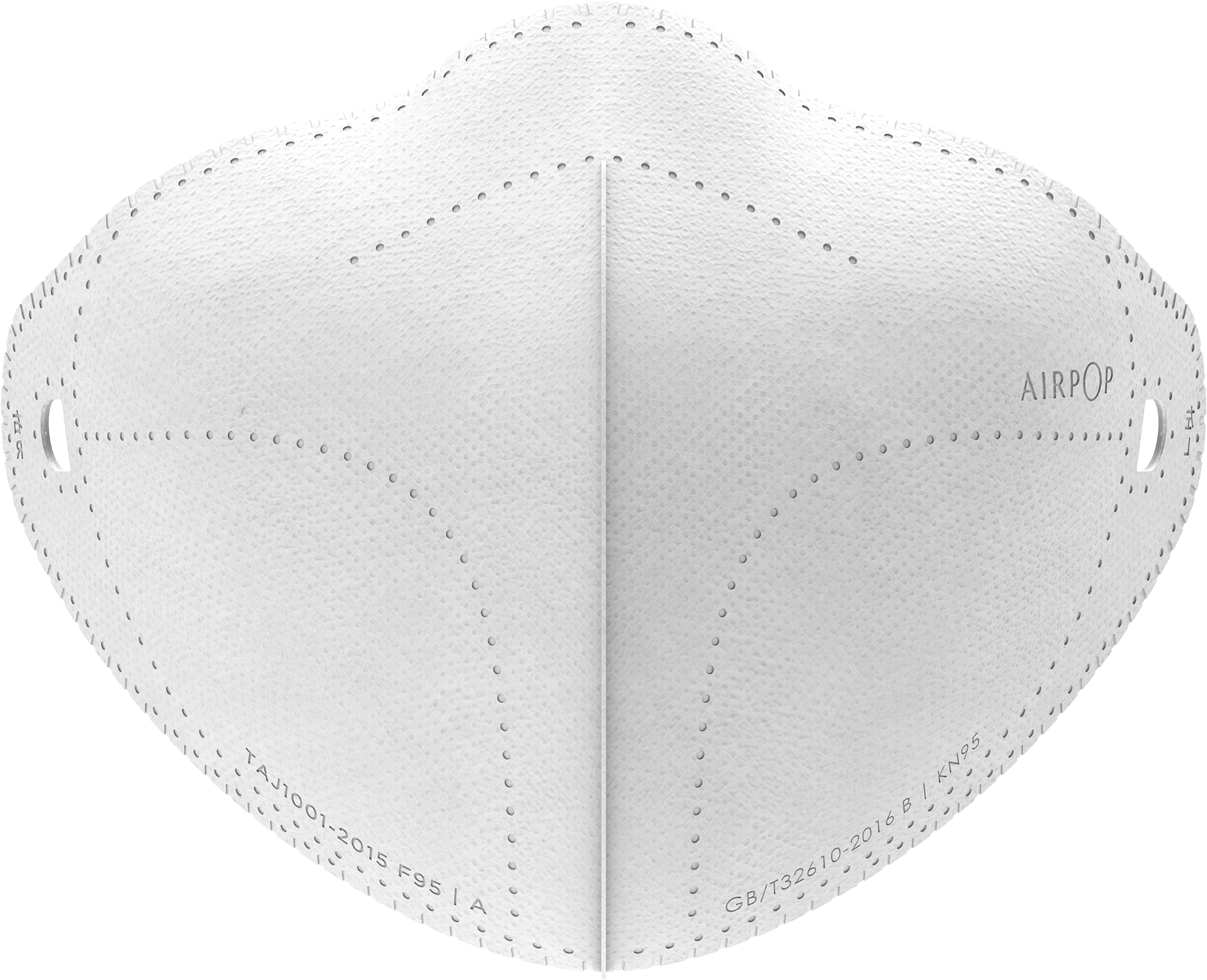 White face mask, with multiple layers and small holes for breathability. AirPop logo visible.