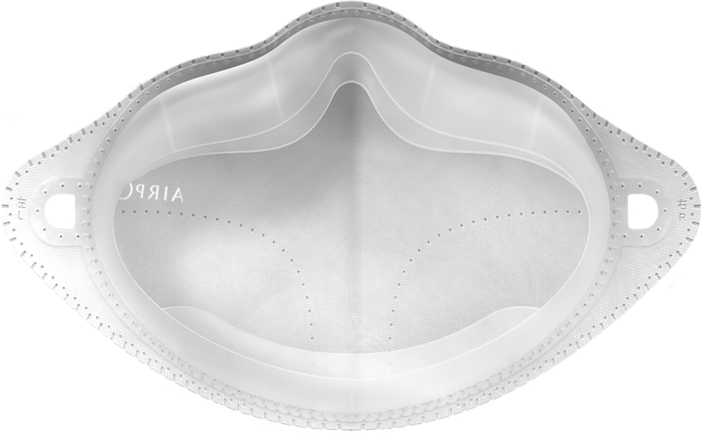 White respirator face mask, top view, with the left and right marked.