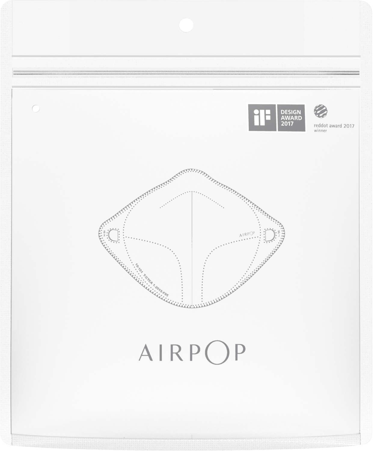 A white AirPop mask. It has a distinctive shape and the word AIRPOP printed on the front.
