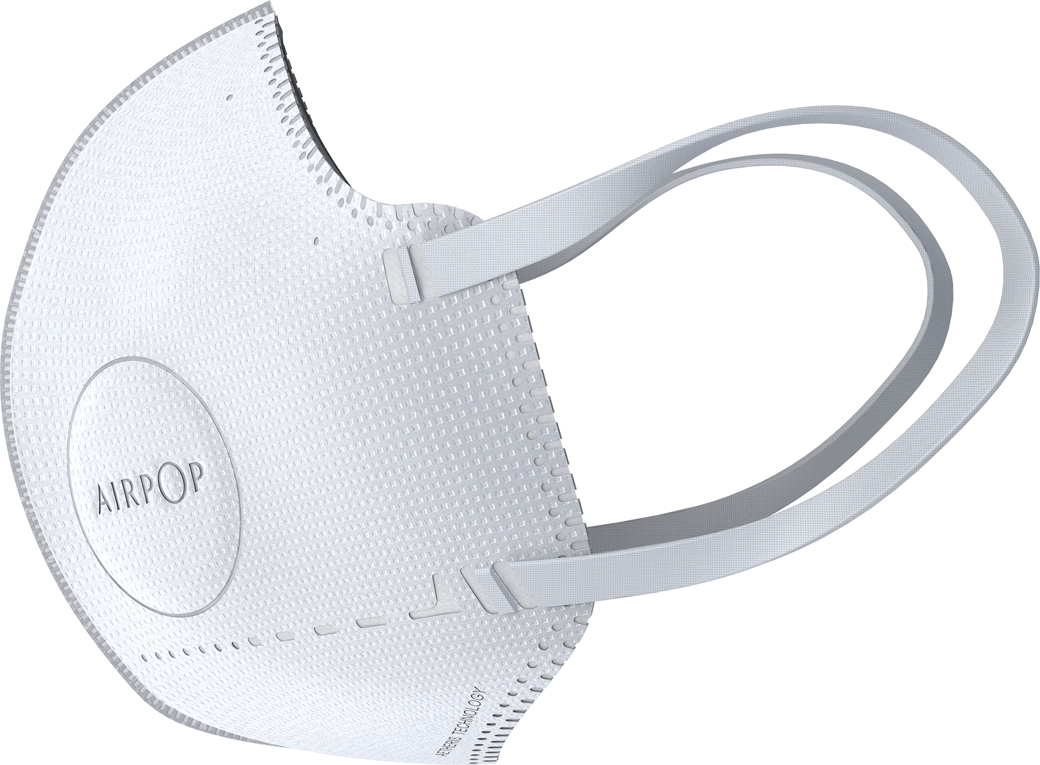 White Airpop face mask with gray straps. The mask has a textured surface, the brand name is visible on it.