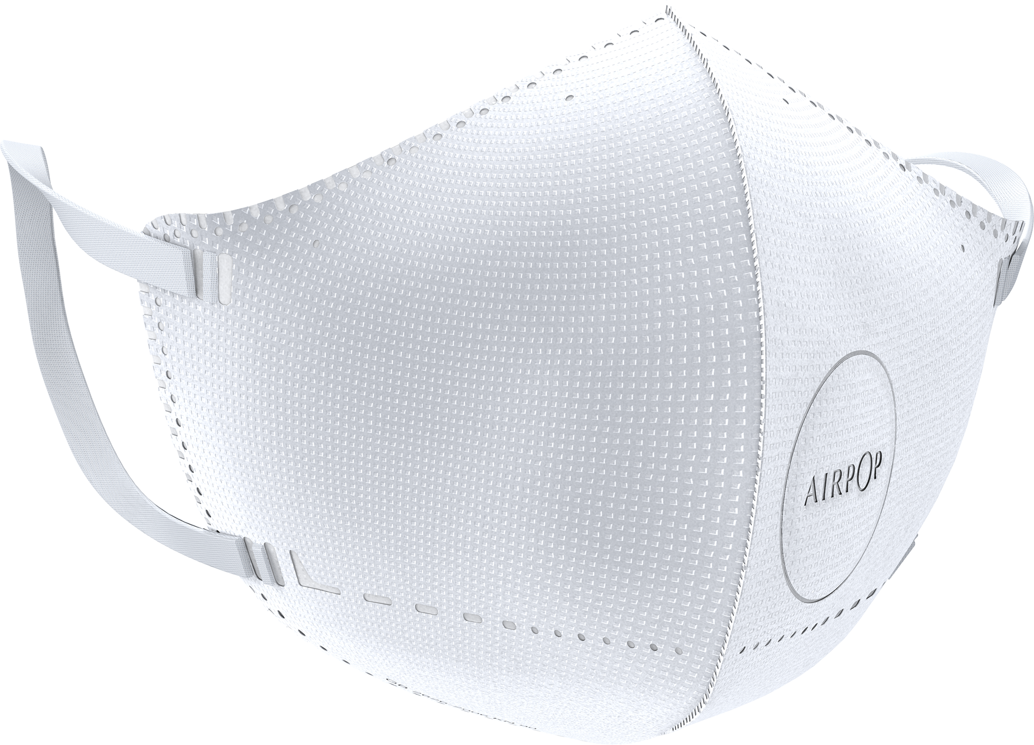 A white Airpop face mask with ear loops. The mask has a textured surface and a circular vent with the brand name.