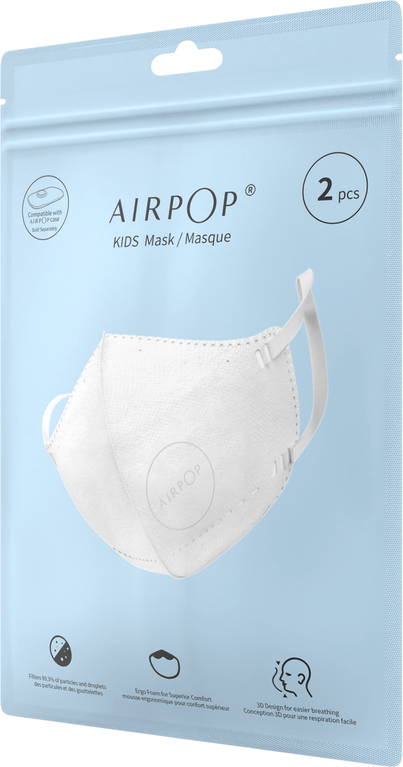 A package of two AIRPOP kids masks. The mask is white. The package is light blue. Text includes 'AIRPOP' and 'KIDS Mask'.