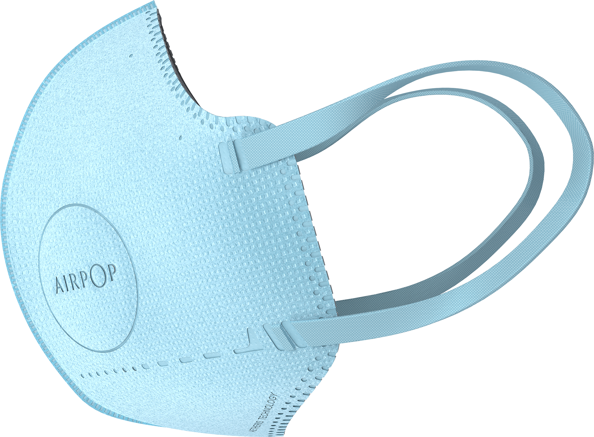 Light blue AIRPOP face mask with straps, angled view, against a black background.