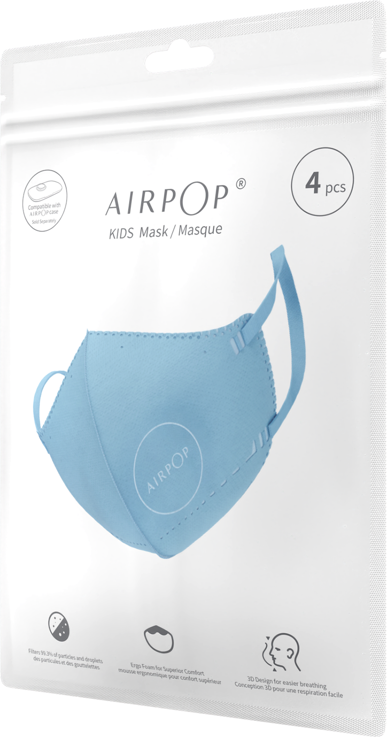 Blue Airpop Kids mask in a clear plastic package. The mask is light blue.