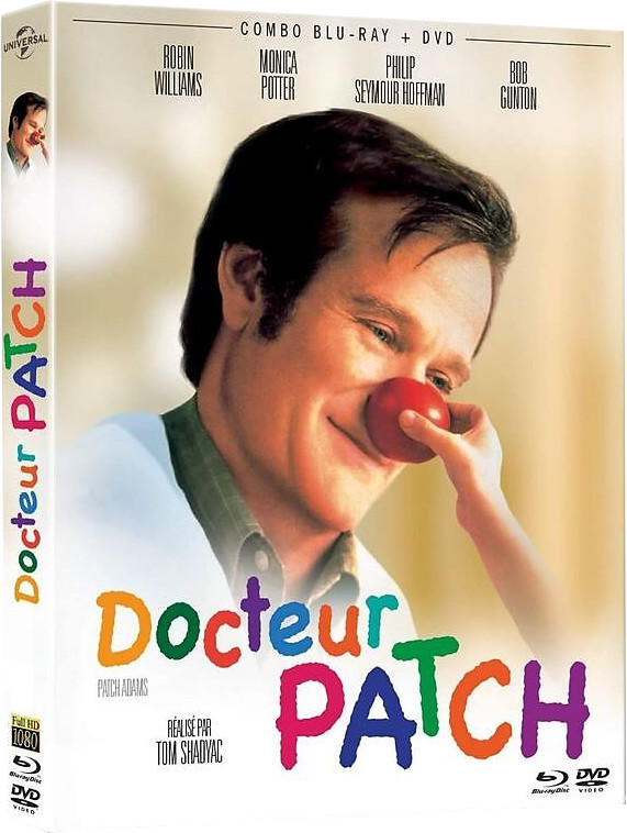 Couverture DVD du film 'Docteur Patch' avec Robin Williams. Elle présente un nez rouge.