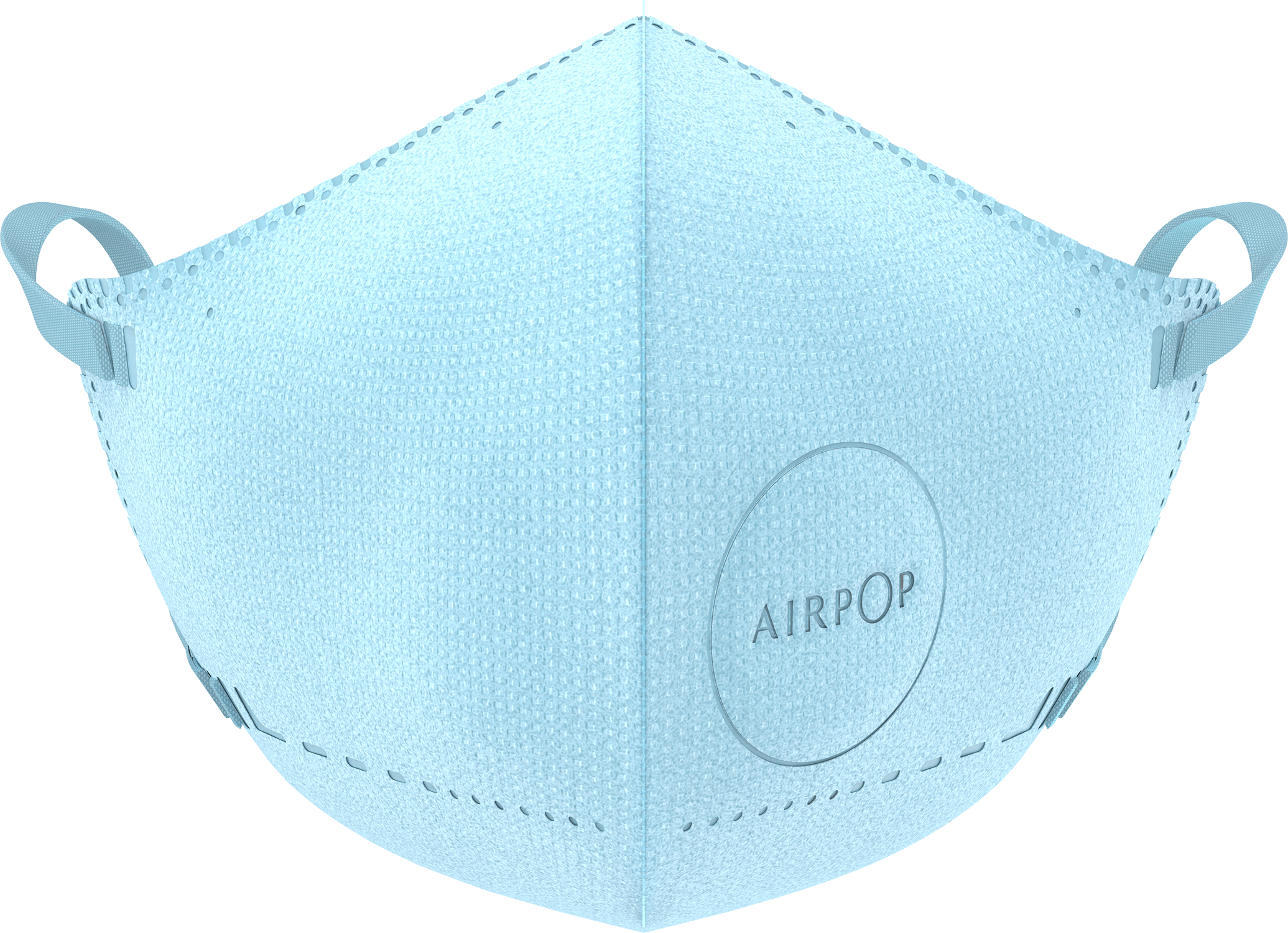 A light blue face mask with ear loops. A circular vent with 'AIRPOP' text is on the mask. The mask is on a white background.