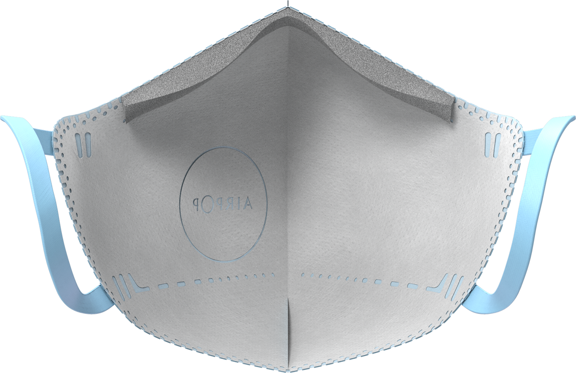 A white face mask, light blue straps, with a gray top layer. The mask has the word "Airpop" printed on it.
