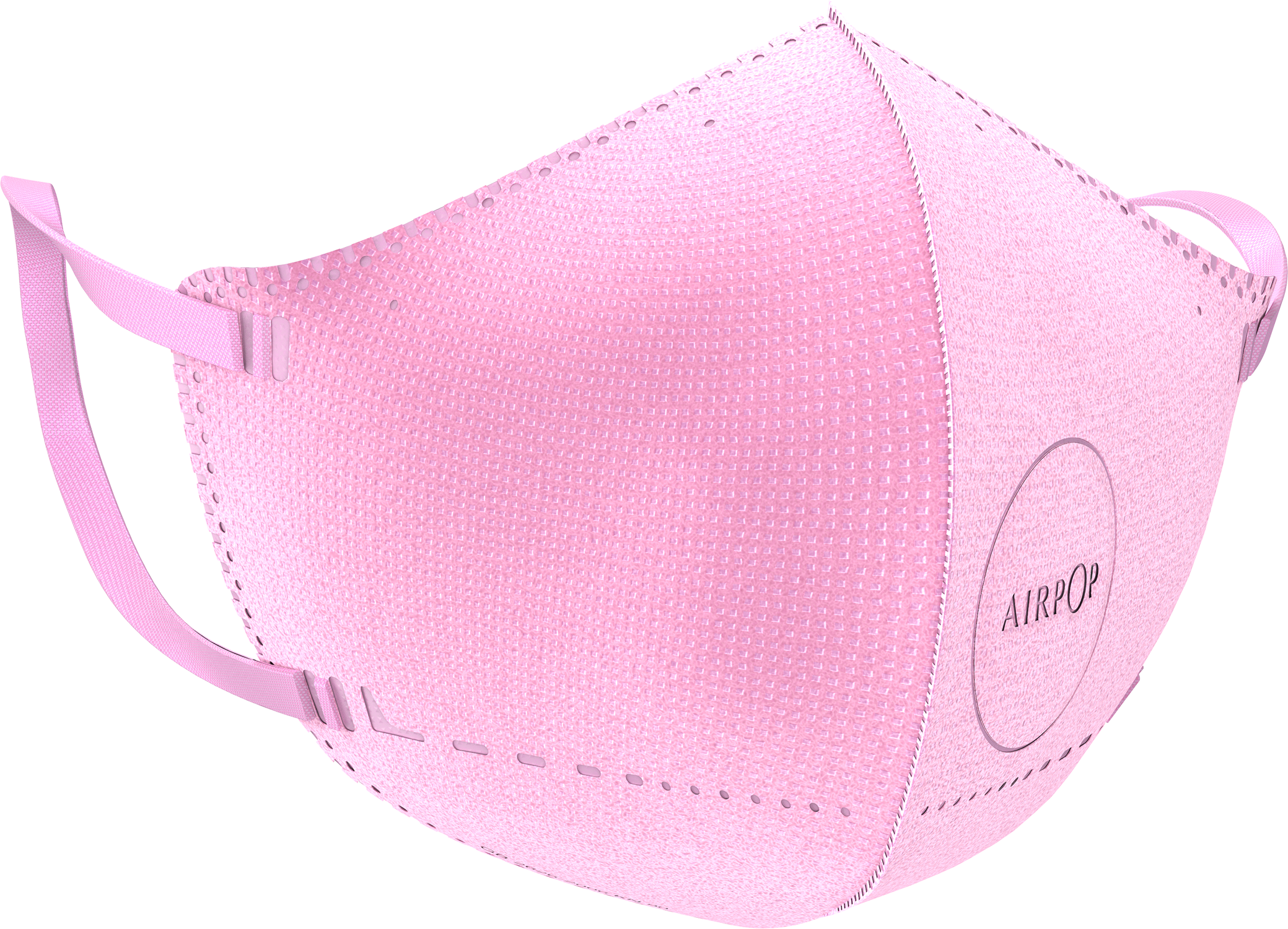 Pink face mask with ear loops, white background.