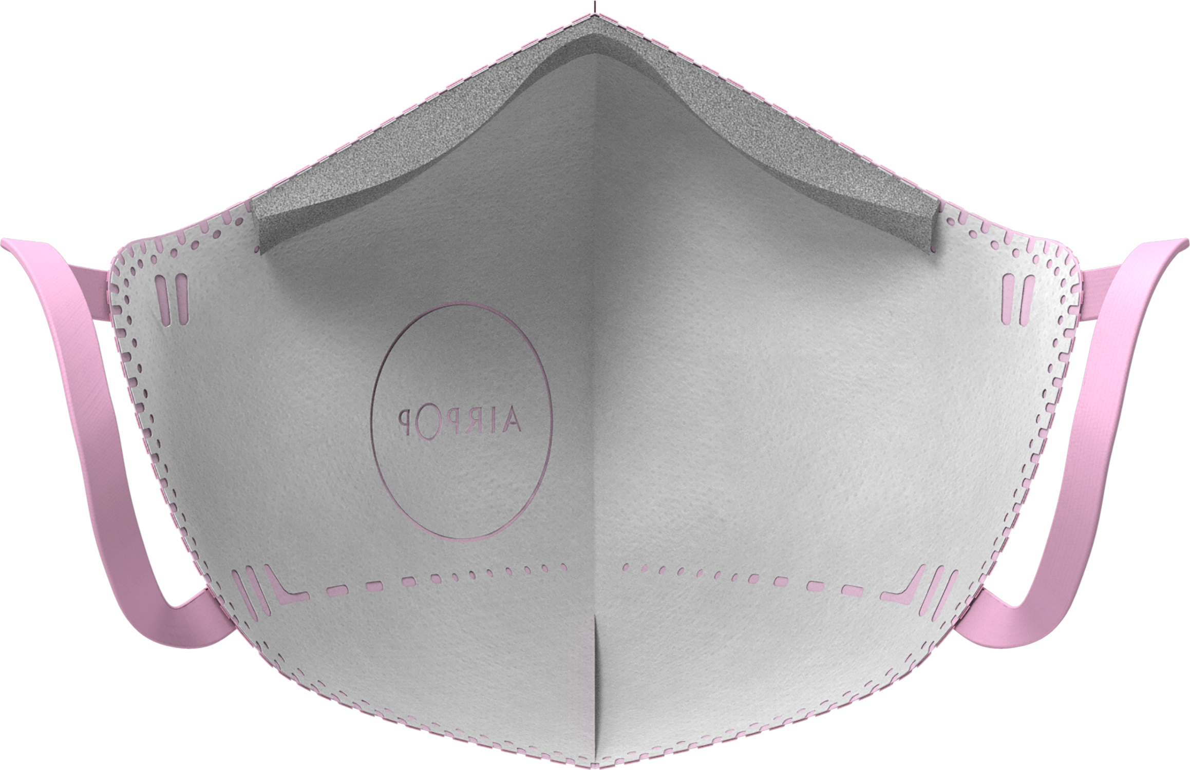 White and grey face mask with pink ear loops, 'AIRPO' text on the mask.