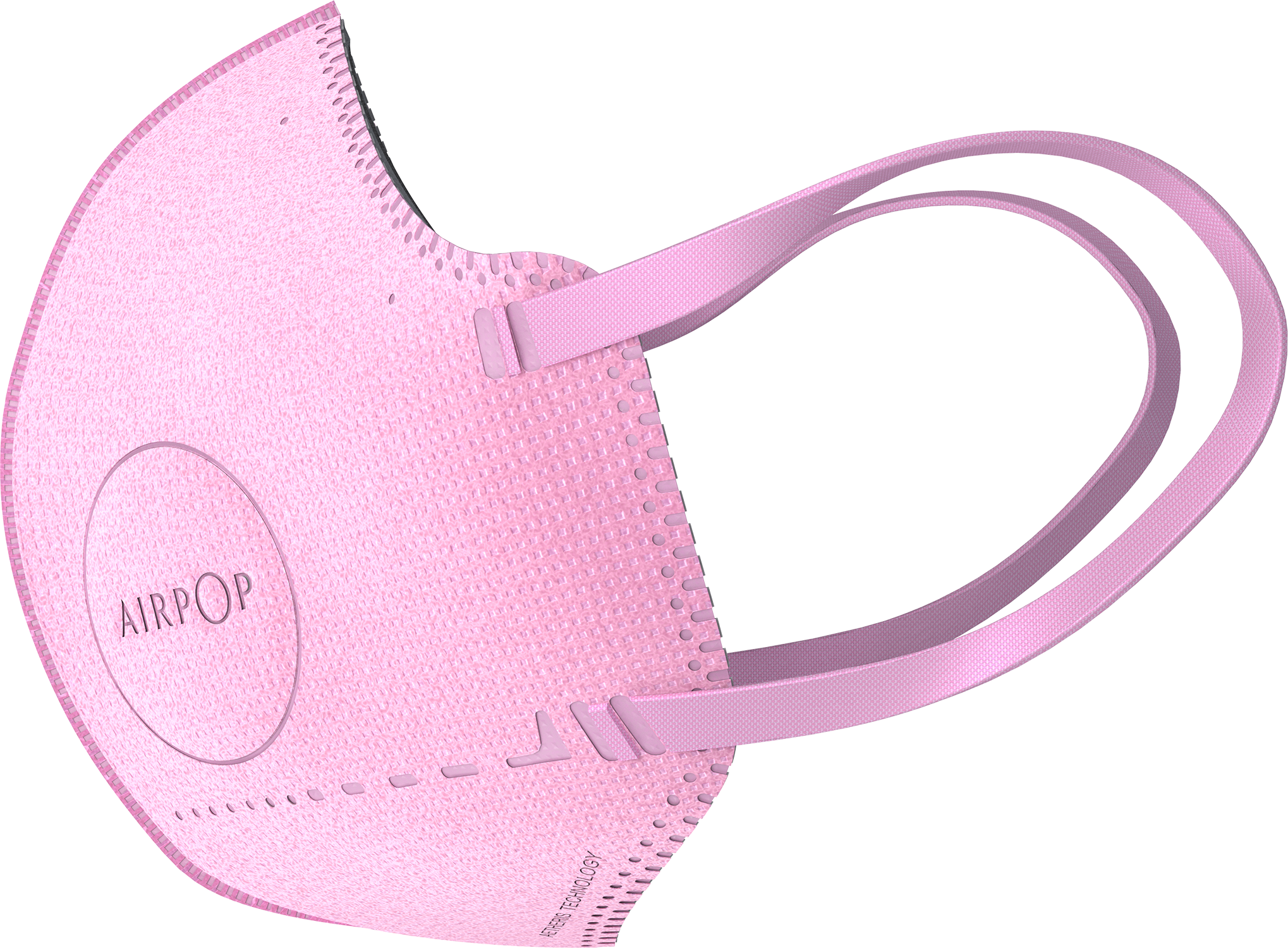 Pink face mask with straps, white text on the side.