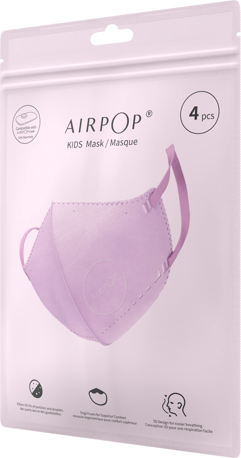 Sealed package of AIRPOP KIDS Mask. The mask is light purple and has a logo.