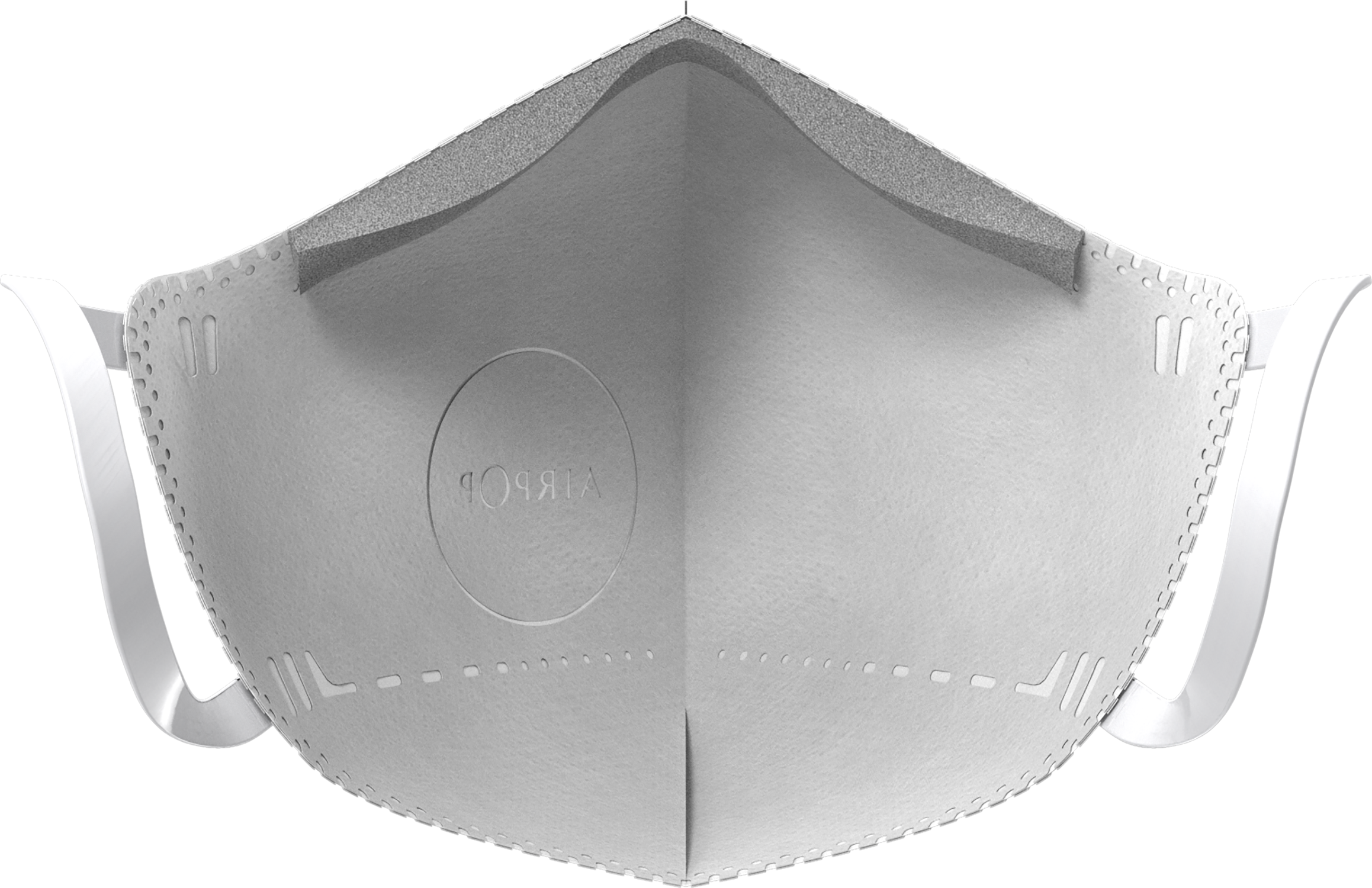 A white face mask, with ear loops, sits centered. The mask has a gray foam top and a circular text in the center.