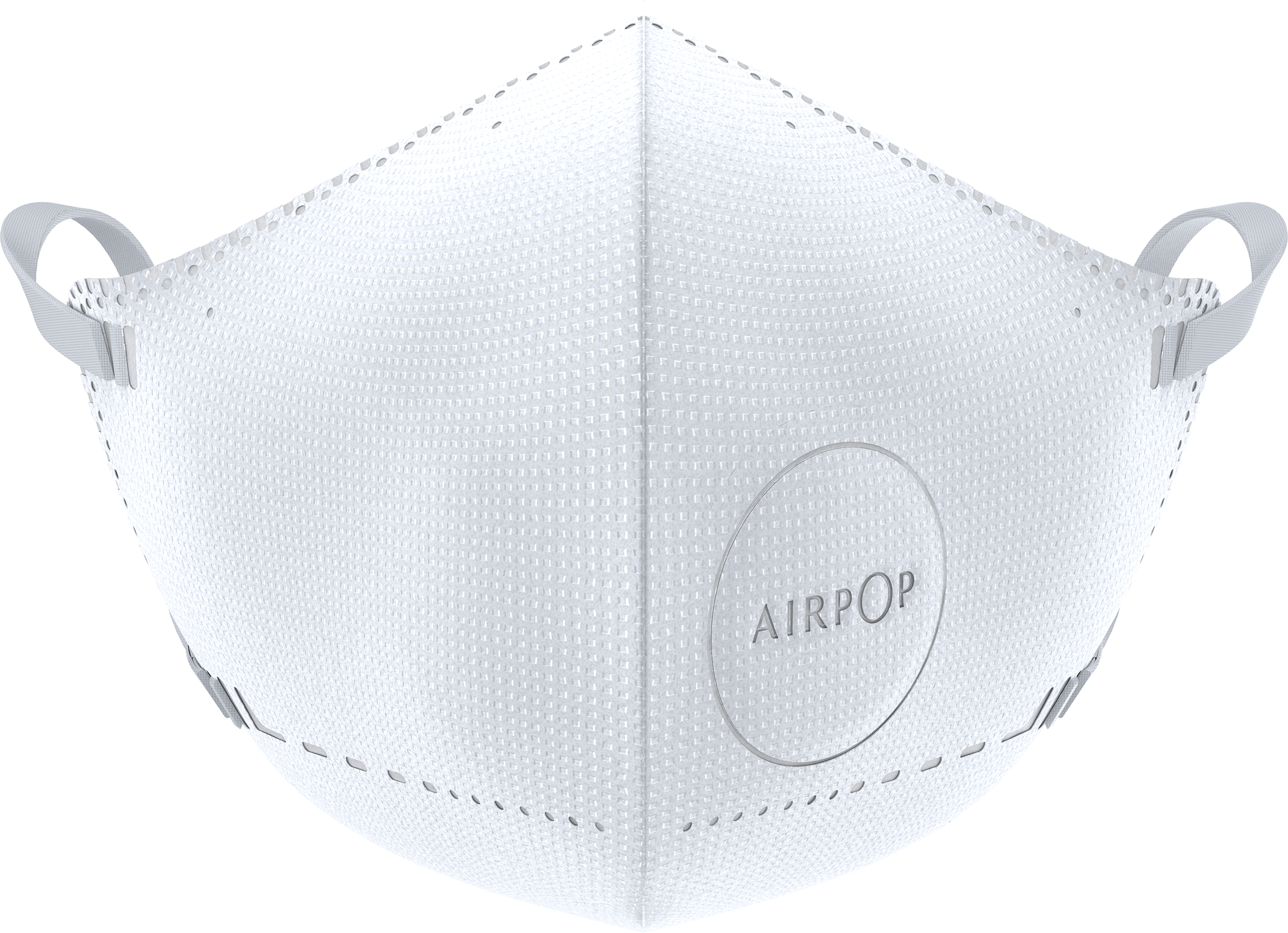 A white AIRPOP face mask. It has a textured surface, ear loops, and the brand name printed on the front.