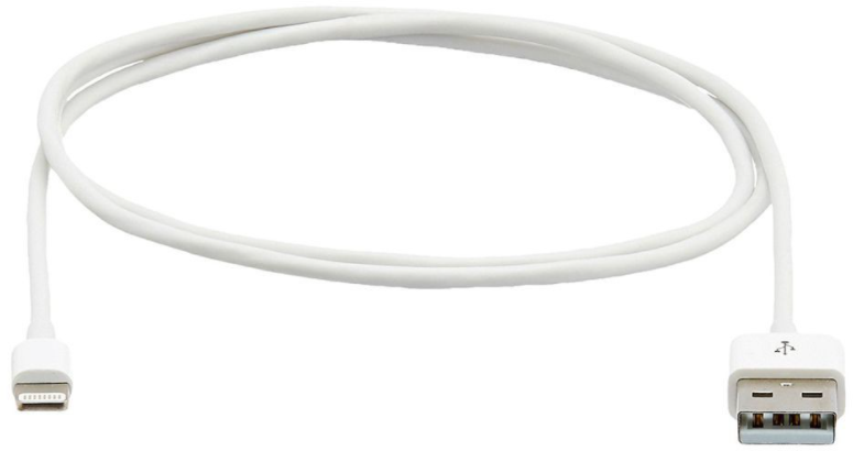 Fehér töltőkábel Lightning csatlakozóval és szabványos USB csatlakozóval.