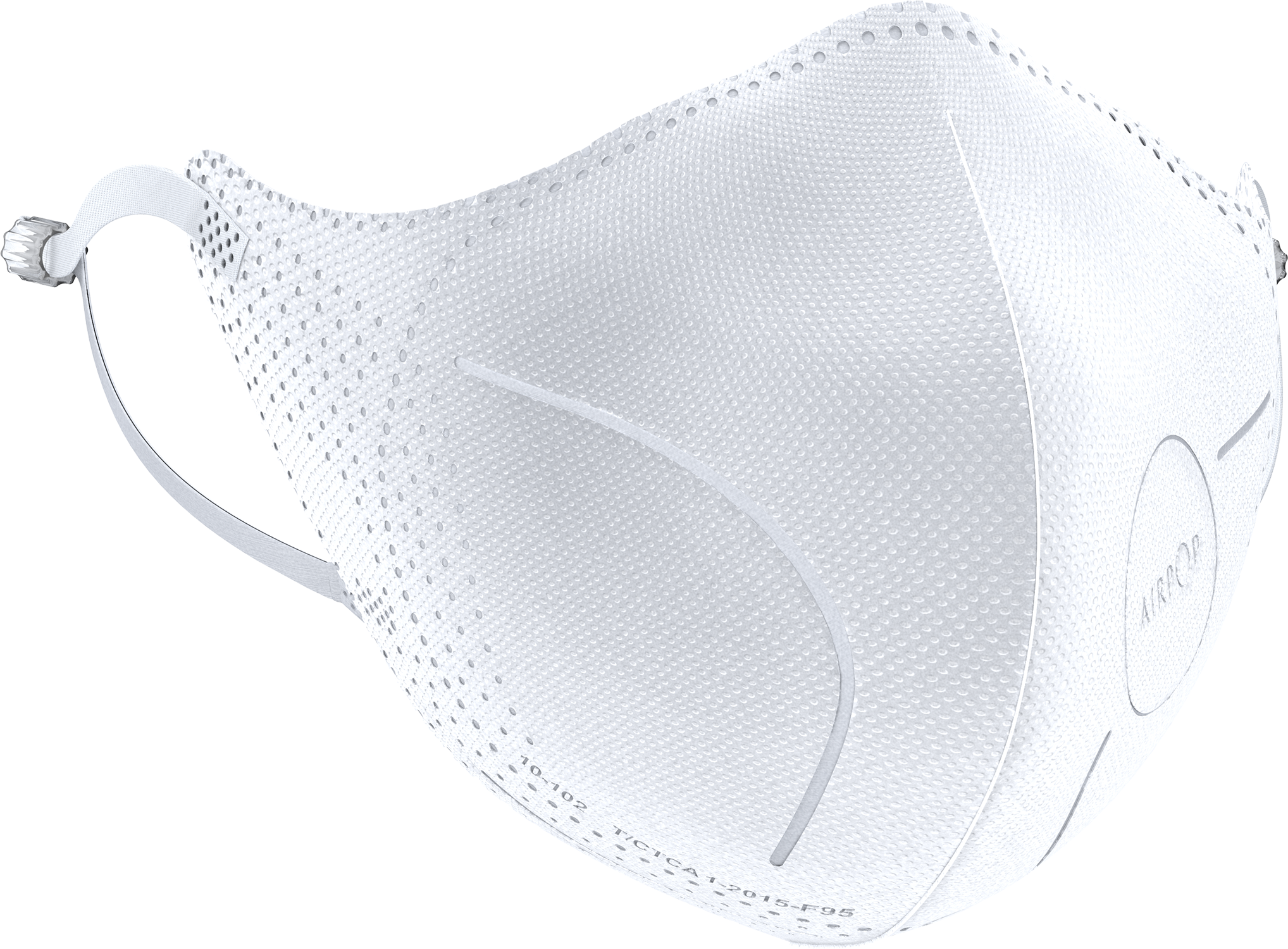A white, folded face mask, with ear loops and a textured surface. The mask has the brand 'AIRPOP' and a product code.