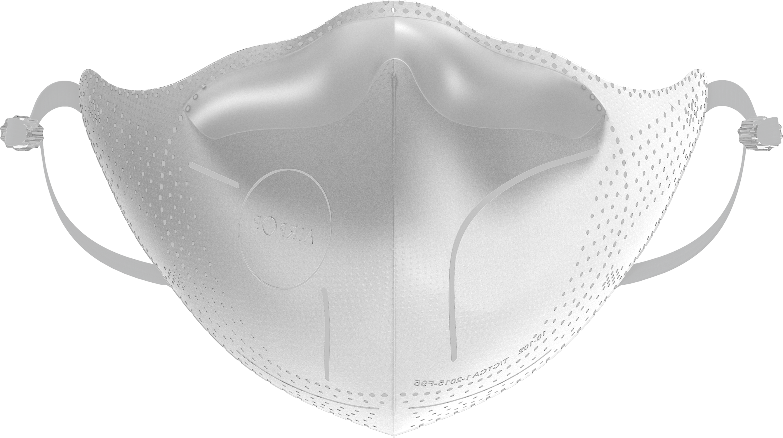 A white, molded face mask with ear loops. It has a curved shape and multiple small holes. The mask has text on it.