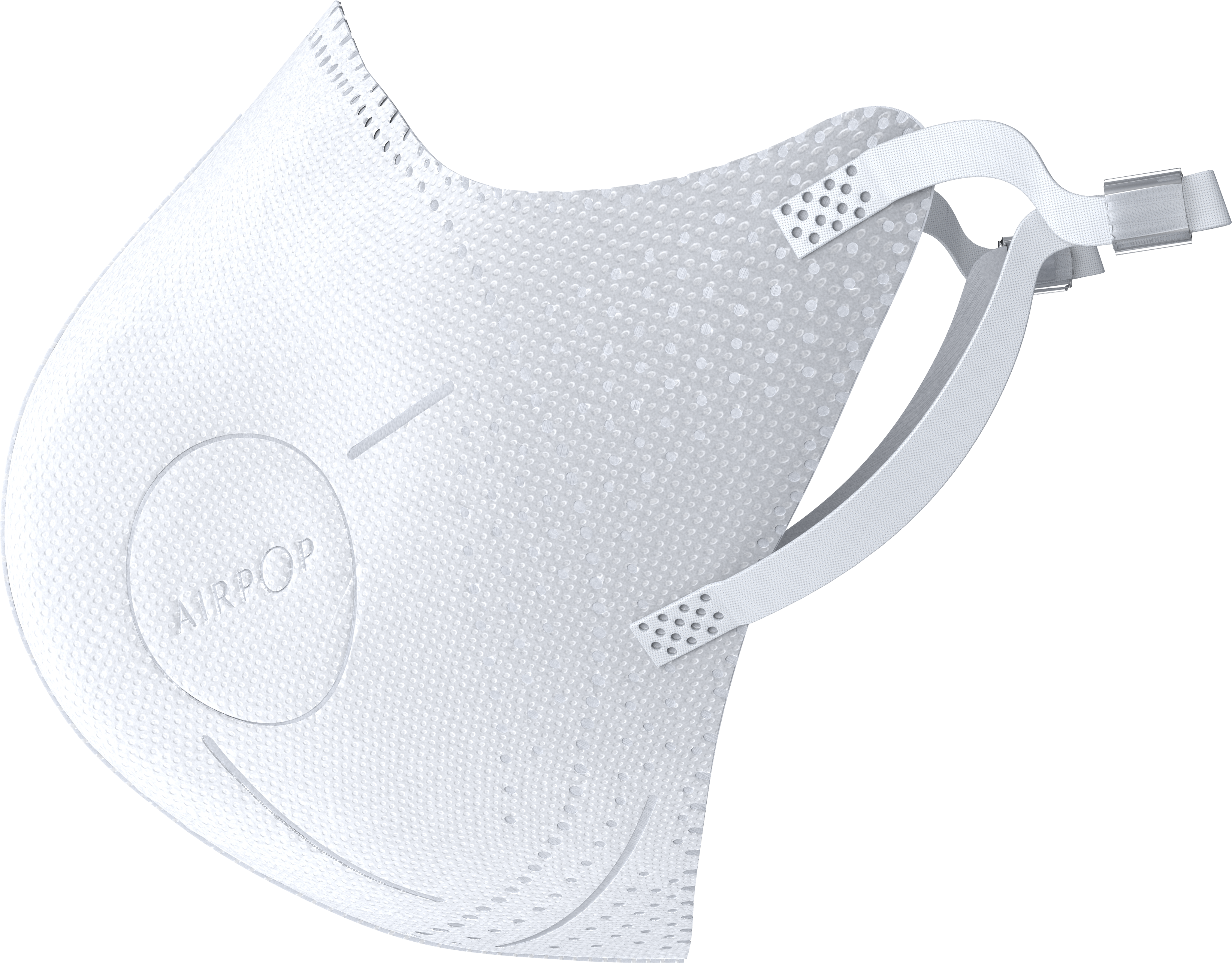 White face mask with ear loops. The mask has the word AIRPOP on it. Black background.