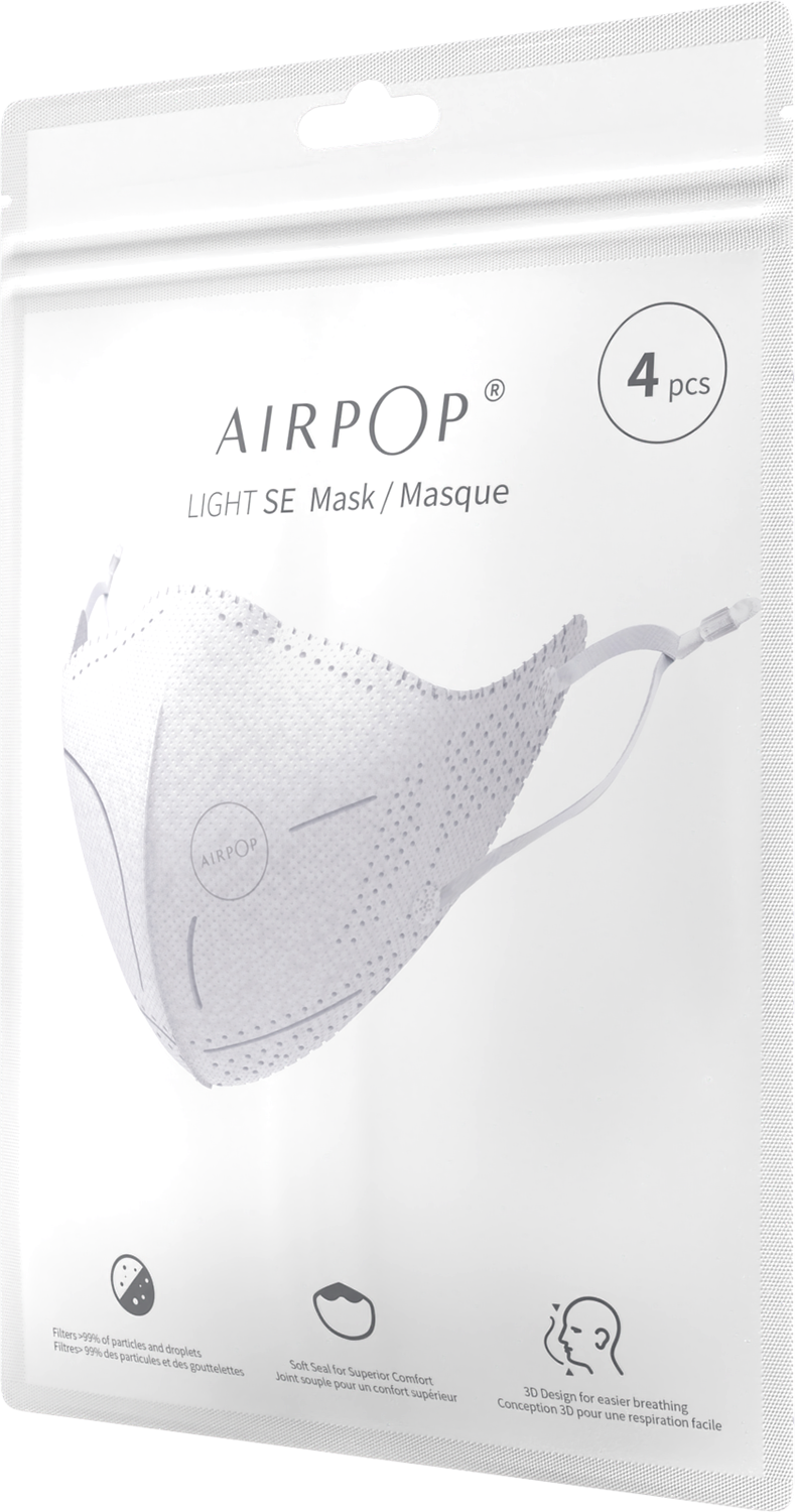 A white AIRPOP Light SE mask in a clear package. The package states it contains 4 masks and lists features of the mask.