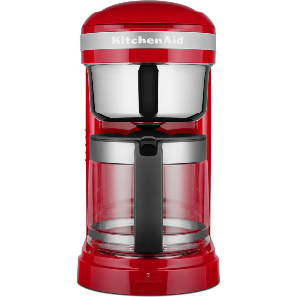 Roter KitchenAid Kaffeemaschine, mit Glaskaraffe und schwarzem Griff.