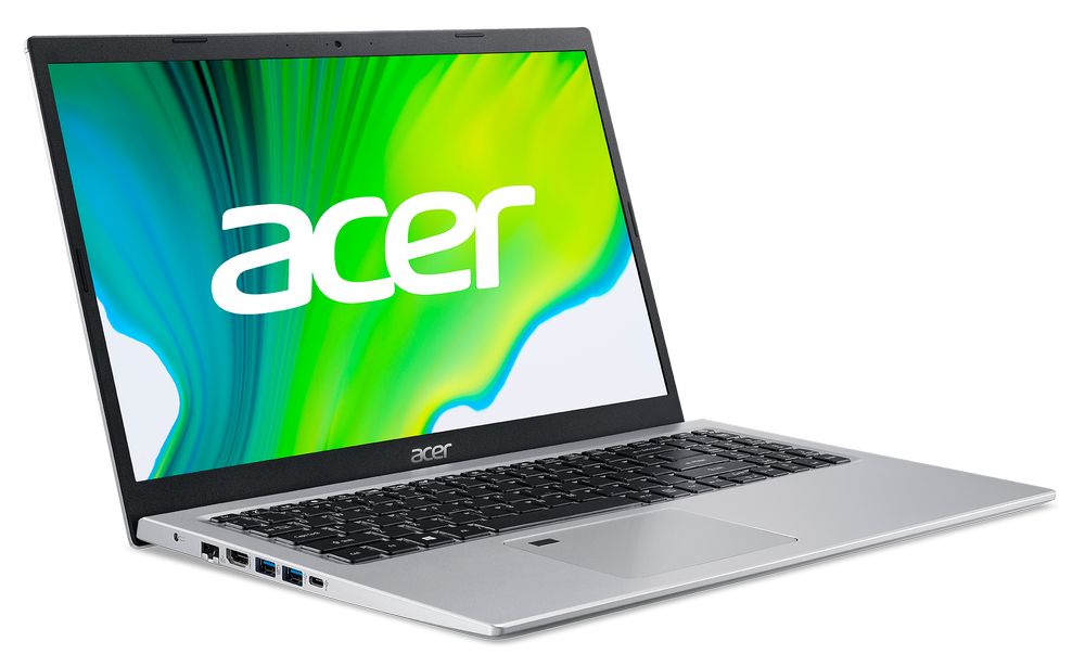 Un portátil Acer, color plata, abierto sobre una superficie blanca, mostrando un degradado verde y azul en la pantalla.