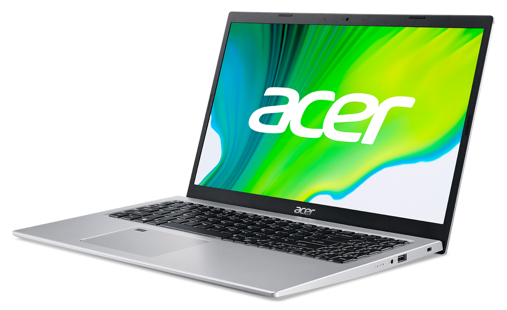 Un portátil Acer plateado sobre fondo negro, con el logo de Acer en la pantalla.