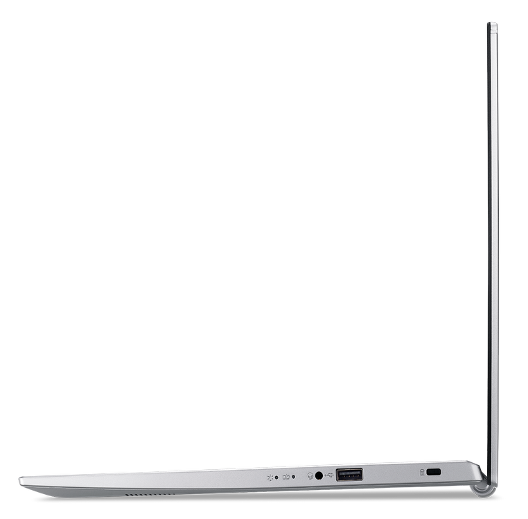 Vista lateral de una laptop plateada. Muestra las aberturas de los puertos y la bisagra.