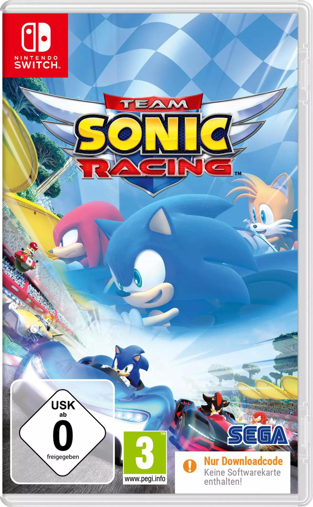 Nintendo Switch Spielhülle: Sonic und andere Charaktere rasen auf blauer Strecke, mit Logos.