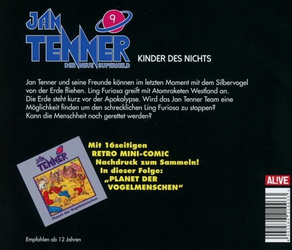 Rückseite eines Comic-Heftes mit Text und Illustrationen in Rot, Blau und Weiß. Der Titel lautet „Jan Tenner“.