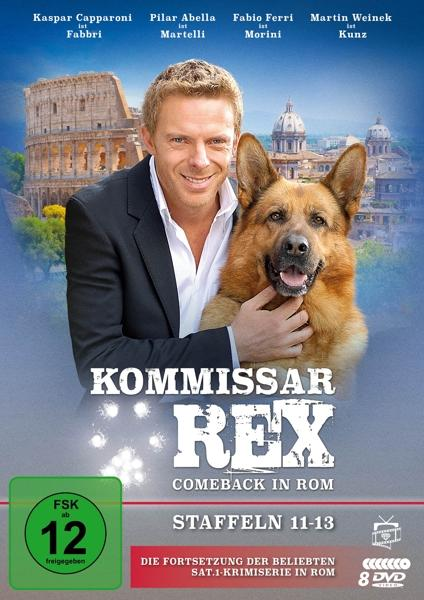 Kommissar Rex DVD-Cover, mit einem Mann mit einem Hund vor einem Gebäude und Text.