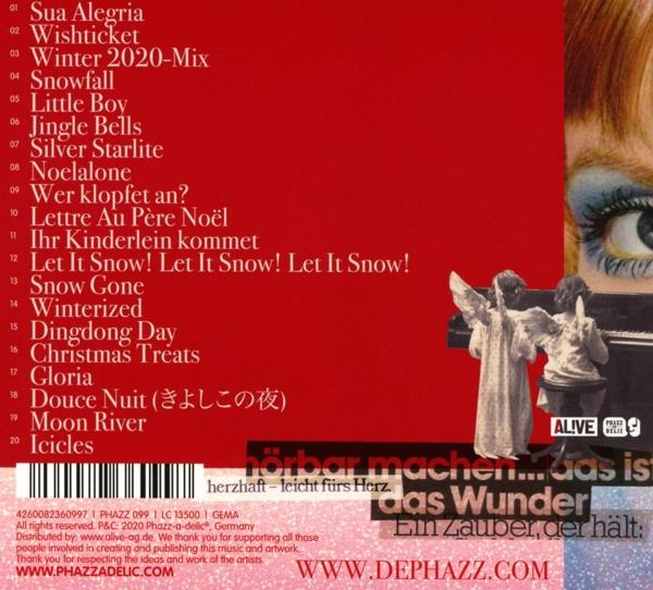 Album-Rückseite mit Tracklist und Artwork, mit einem Frauenauge und zwei Engeln.