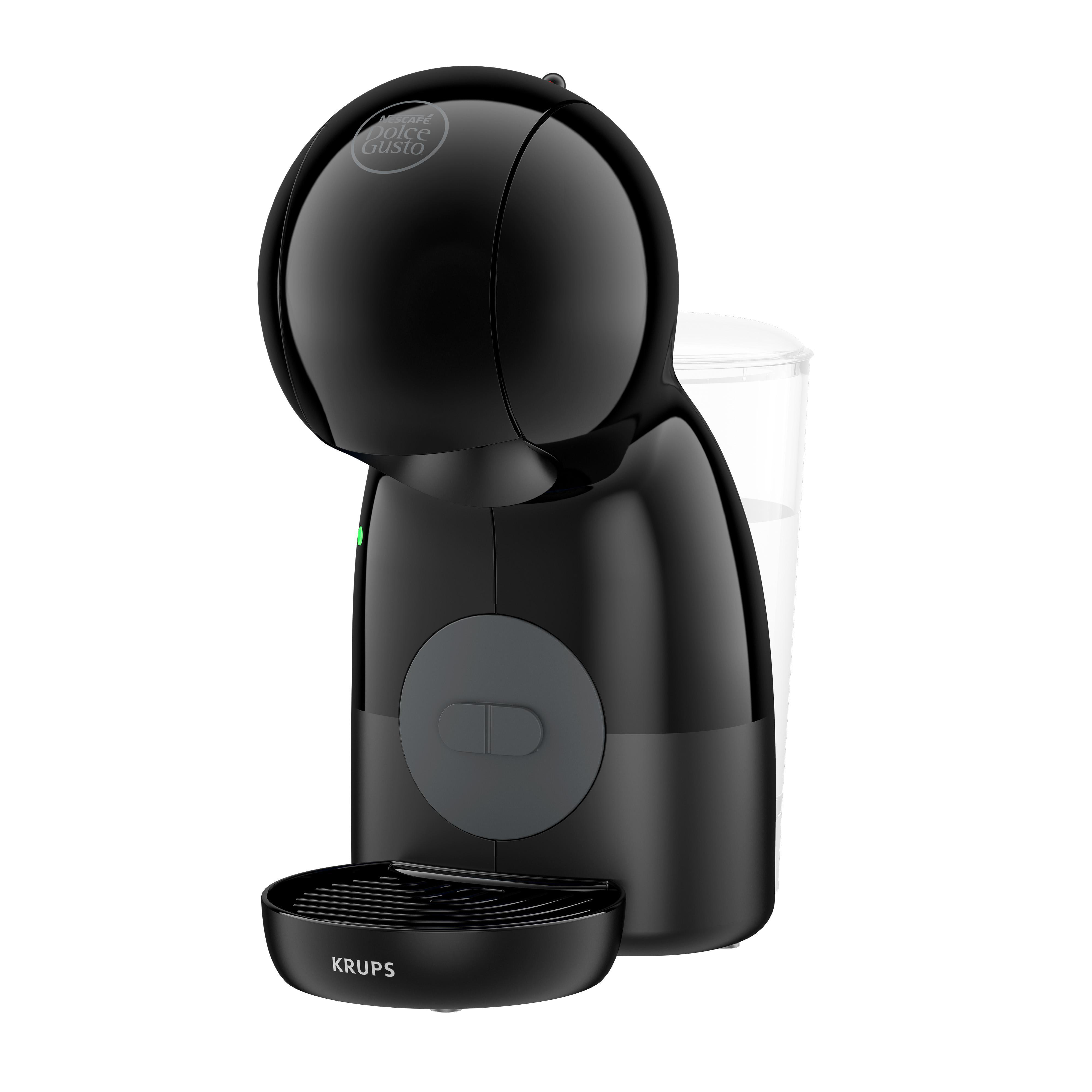 Eine schwarze Krups Dolce Gusto Kaffeemaschine mit Wassertank und Abtropfschale.