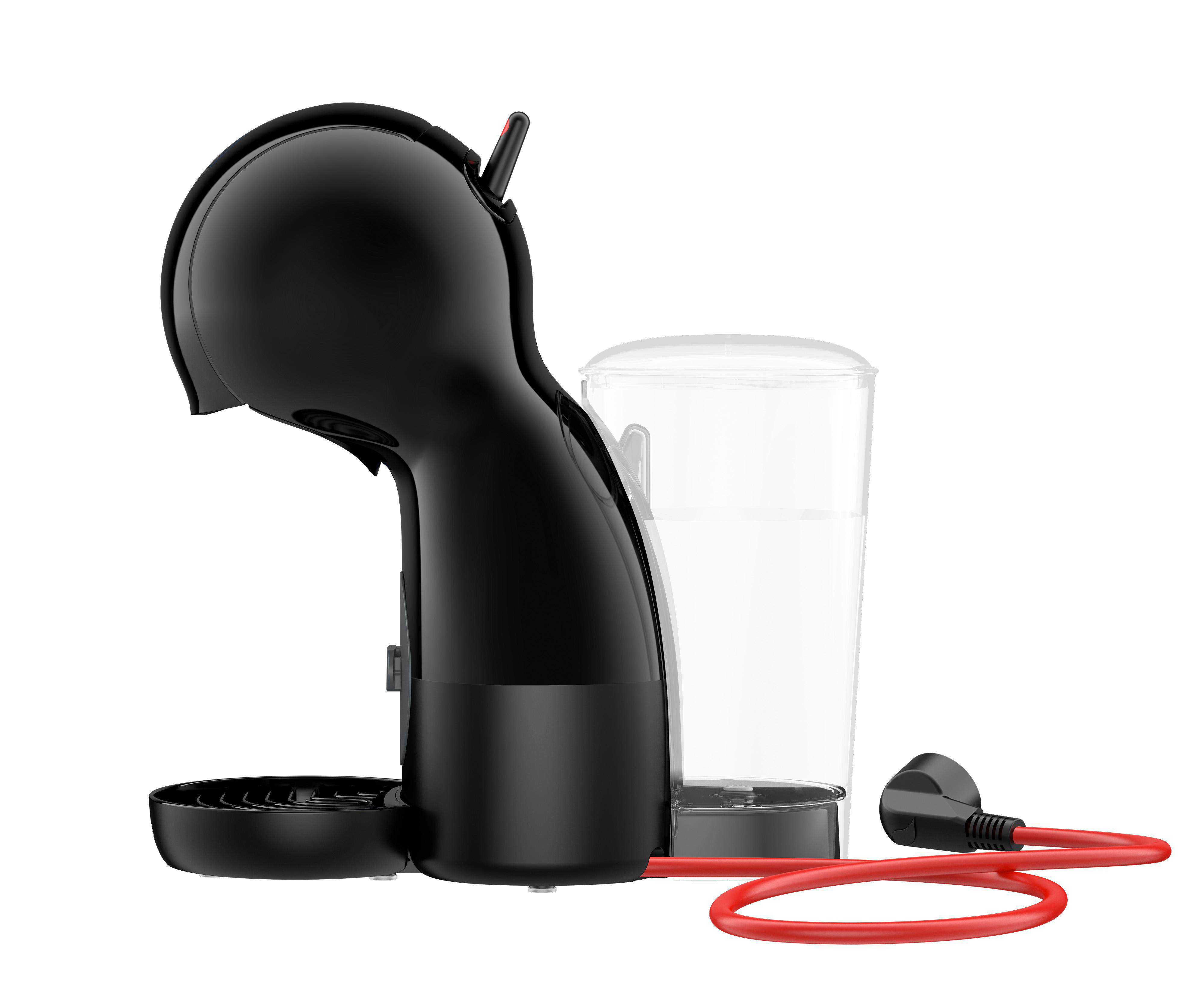 Schwarze Kaffeemaschine mit transparentem Wassertank, rotem Kabel und Stecker auf weißem Hintergrund.