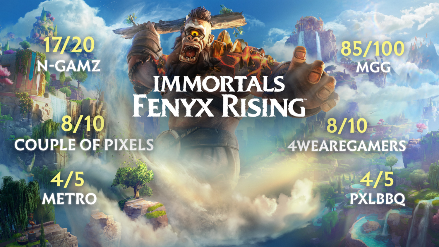 Promotieafbeelding van het spel Immortals Fenyx Rising met een gigantische figuur en reviews.