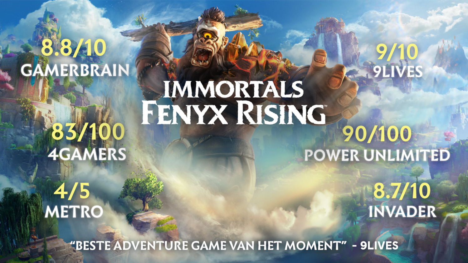 Game-advertentie met een gorilla, tekst en scores op een levendige fantasie-achtergrond.