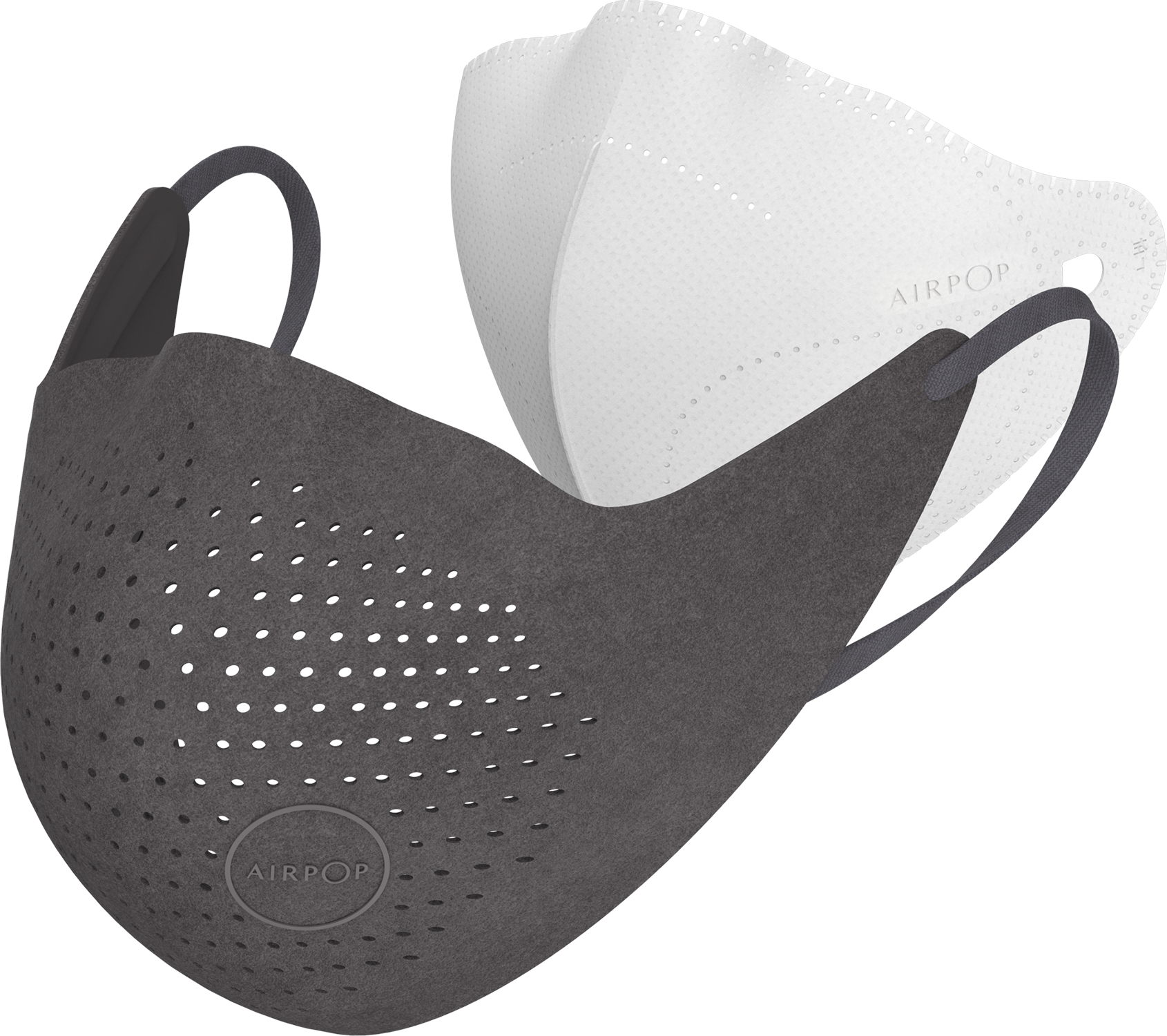 Two face masks, one gray and one white. Both have the AIRPOP logo.