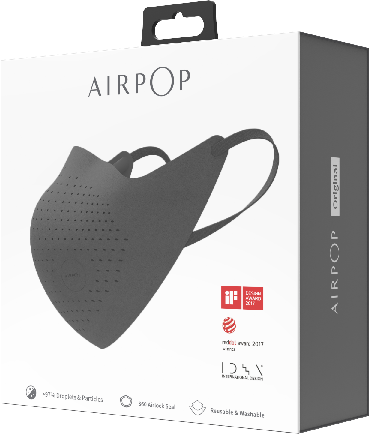 Gray AIRPOP face mask in a white box. The box has text and design details.