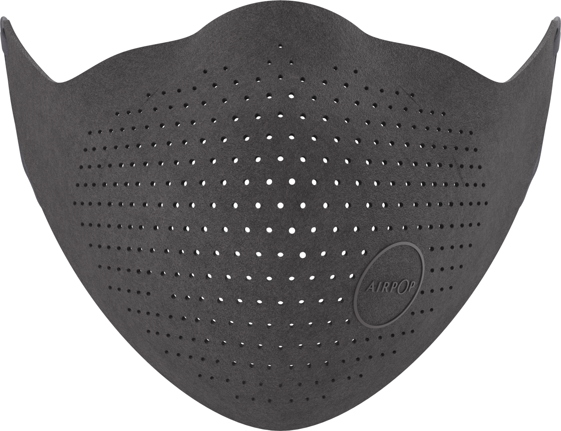 Close-up of a dark grey face mask with many small holes and a circular logo.