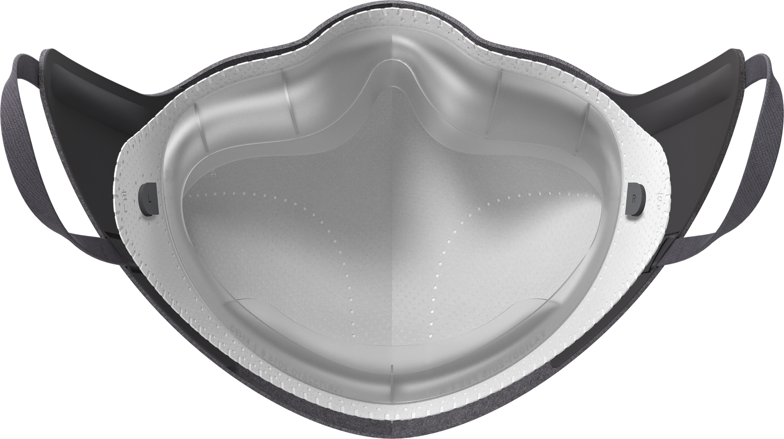 Inside view of a face mask, featuring the inner structure, against a black background.