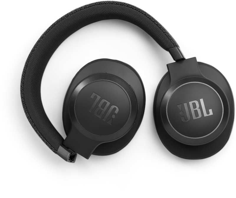 Schwarze JBL-Kopfhörer. Das Kopfband ist schwarz und zusammengeklappt.